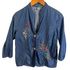 Vintage Embroidered Chambray Blue Jacket Shacket Floral City Blues Koret Small